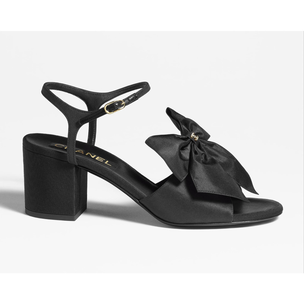 Chanel 24A Black Silk Bow Crystal CC Logo Ankle Strap Block Heel Sandals 37.5